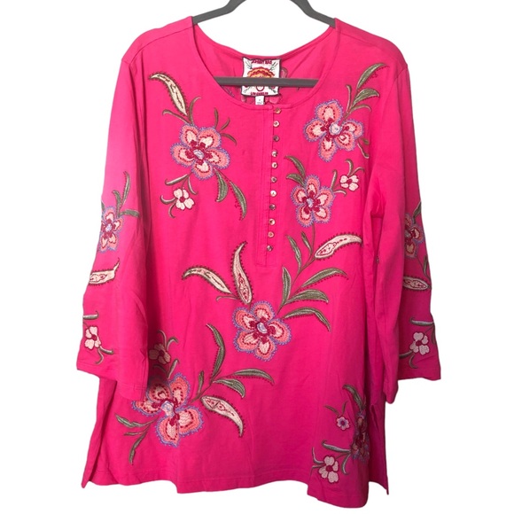 Johnny Was JWLA Libbi 3/4 Sleeve Flamingo Pink Embroidered Cotton Henley Top 1X - Picture 13 of 16